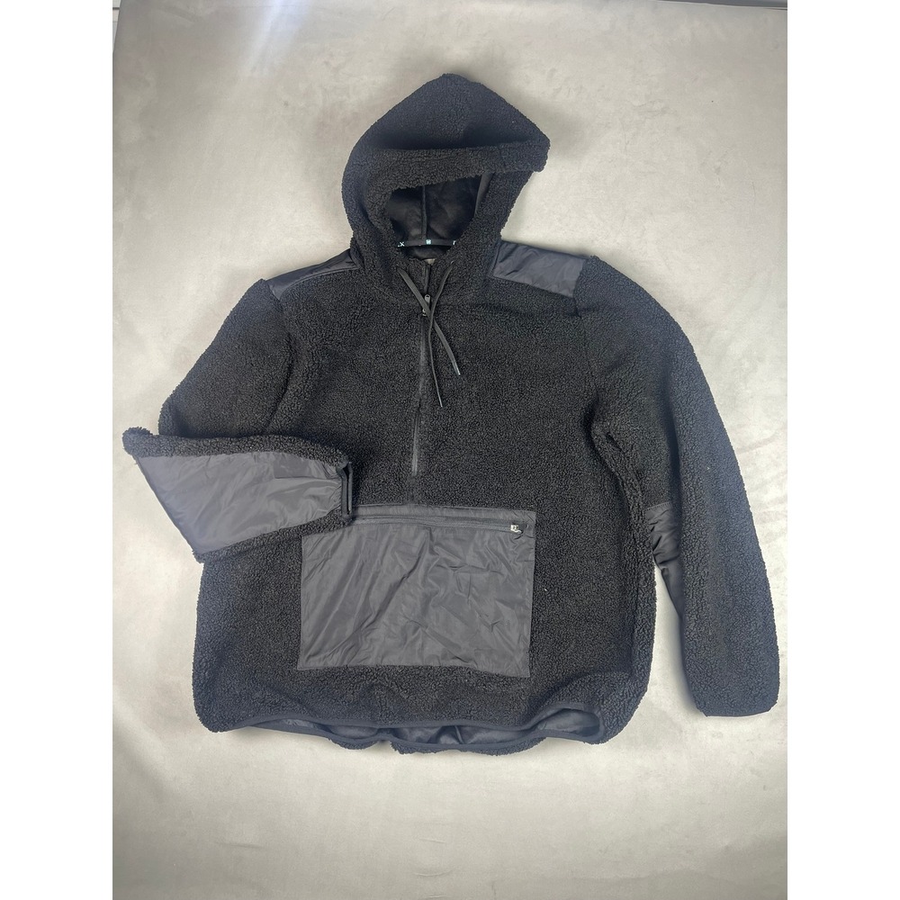 FLX Mens‎ Sherpa Fleece Quarter Zip Hoodie Black Nylon Overlay XL